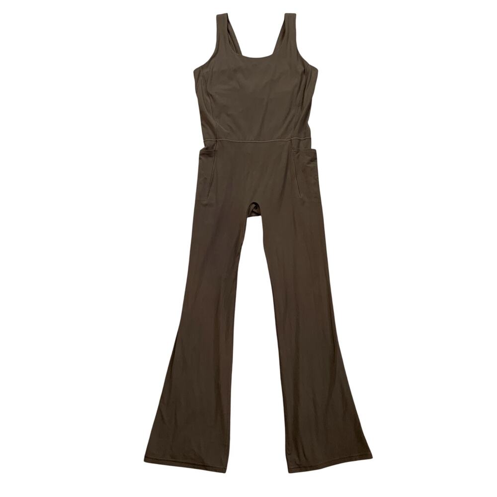 Athleta Bodysuit Women L Large Espresso Sleeveless Salutation Flare Side Pockets